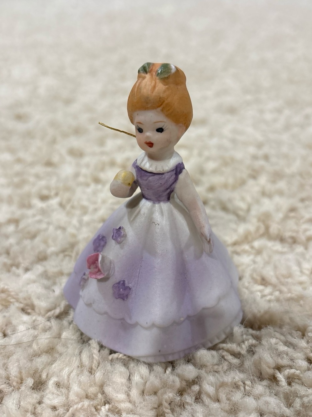 Vintage 1960s Japanese Miniature Porcelain Woman Lady Bell Purple Dress Floral